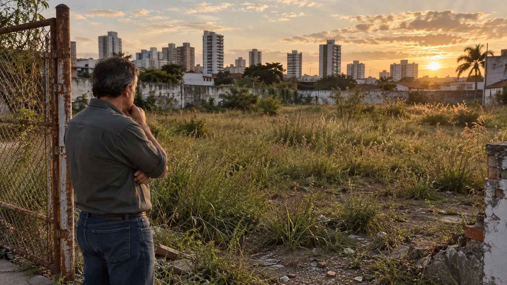 Proprietário observando um terreno urbano ainda não desenvolvido