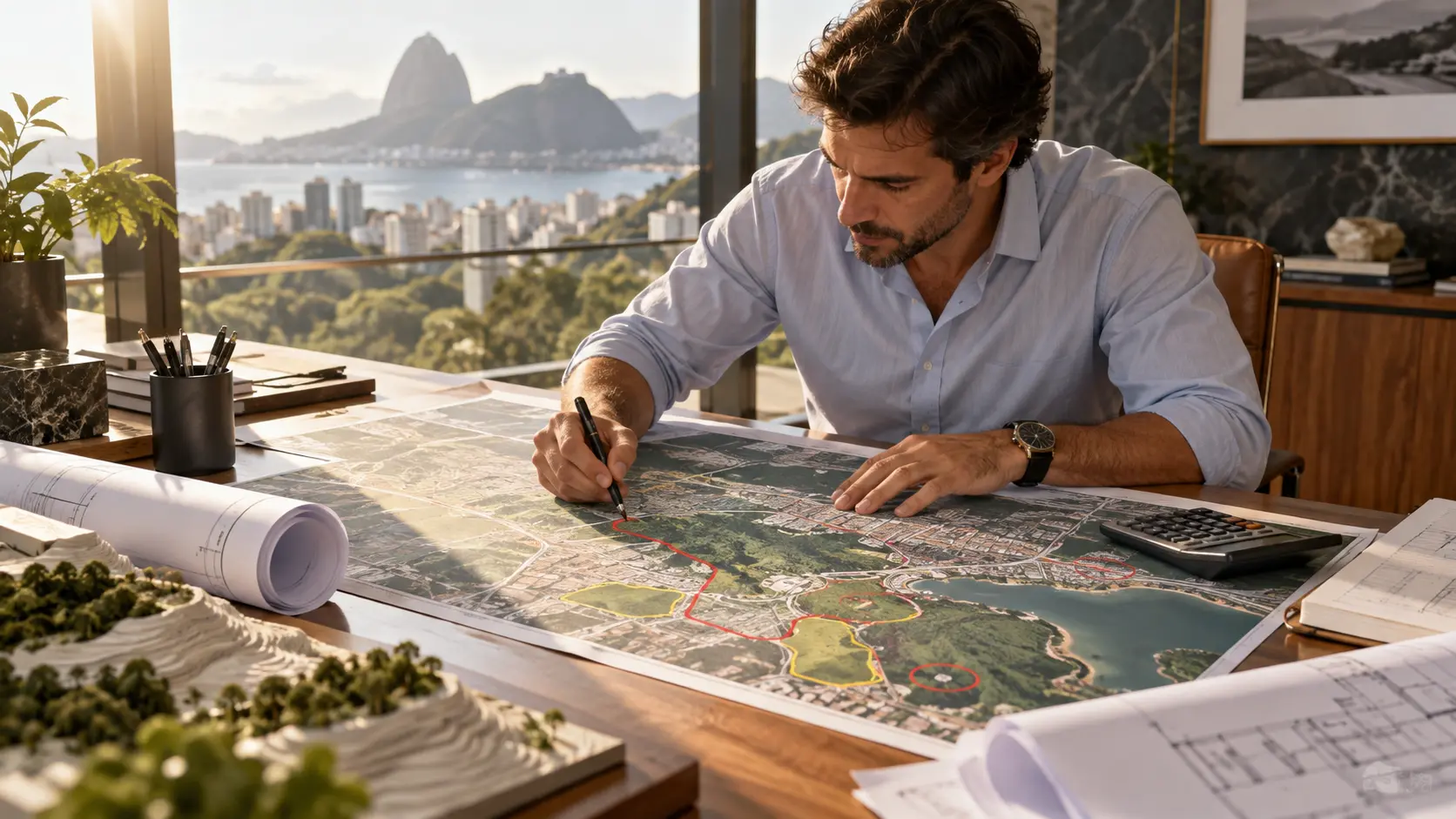 Especialista realizando leitura territorial sobre um mapa